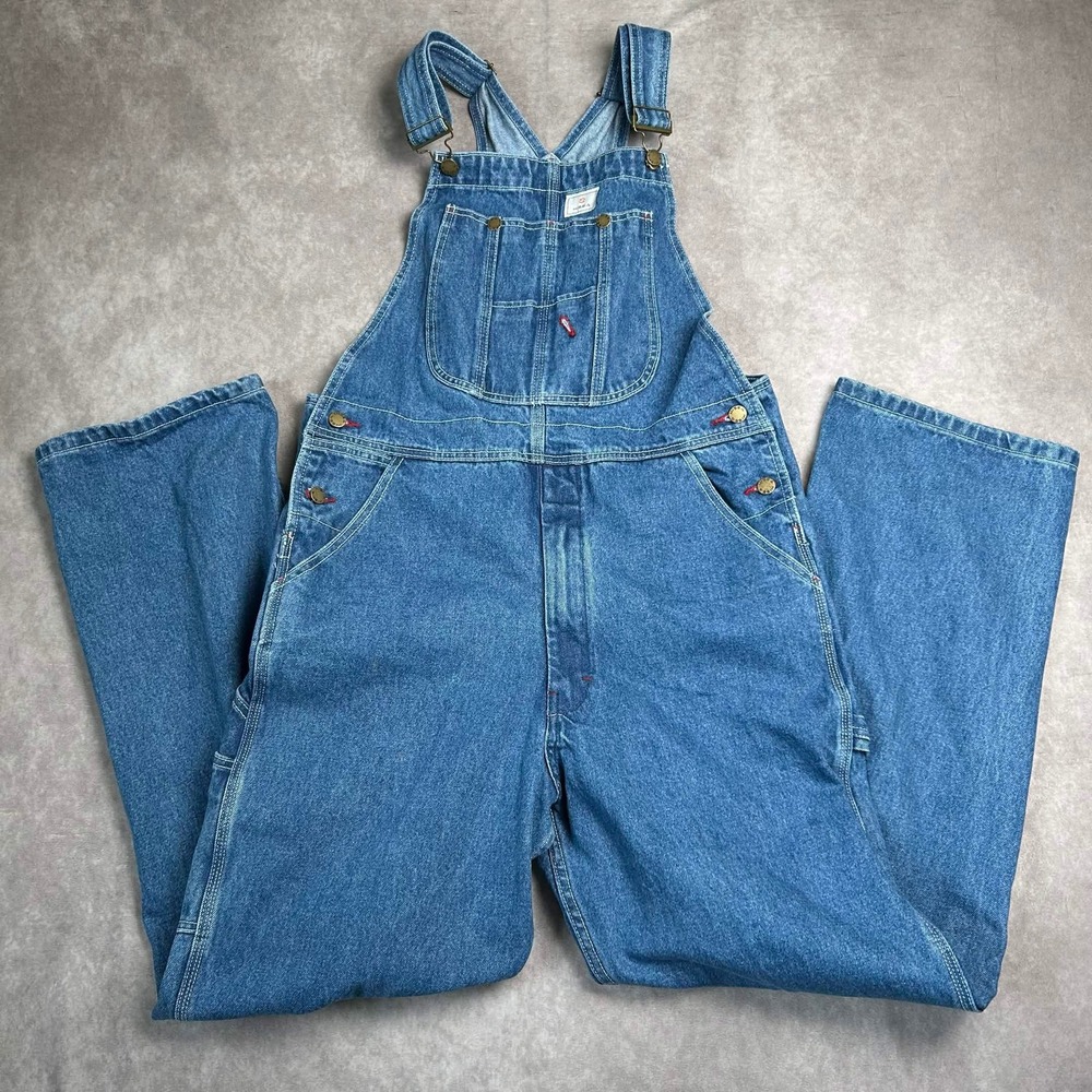 Hisea Mens Denim Bib Overalls Blue Cotton Workwear Utility Dungarees 34W 32L